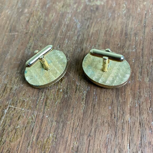 Vintage Retro green yellow floral pattern Gold‎ tone Enamel Cufflinks Cuff Links - Picture 4 of 5